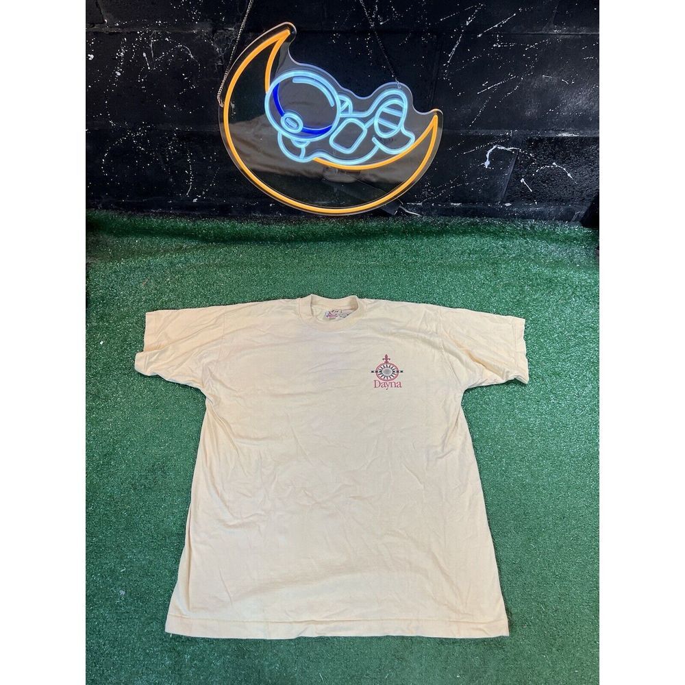 VTG Dayna Communications Graphic Print Map Pastel Yellow Tee Mens XL Made in USA